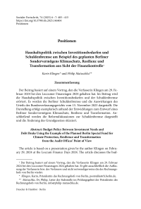 Haushaltspolitik zwischen Investitionsbedarfen und Schuldenbremse am Beispiel des geplanten Berliner Sondervermögens Klimaschutz, Resilienz und Transformation aus Sicht der Finanzkontrolle