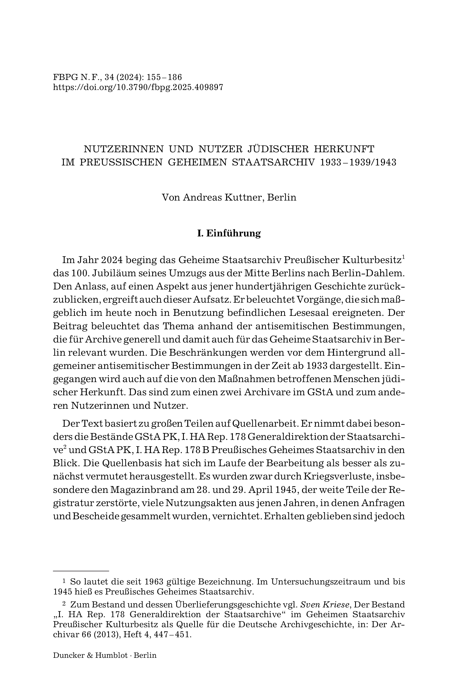 Nutzerinnen und Nutzer jüdischer Herkunft im Preußischen Geheimen Staatsarchiv 1933 – 1939/1943