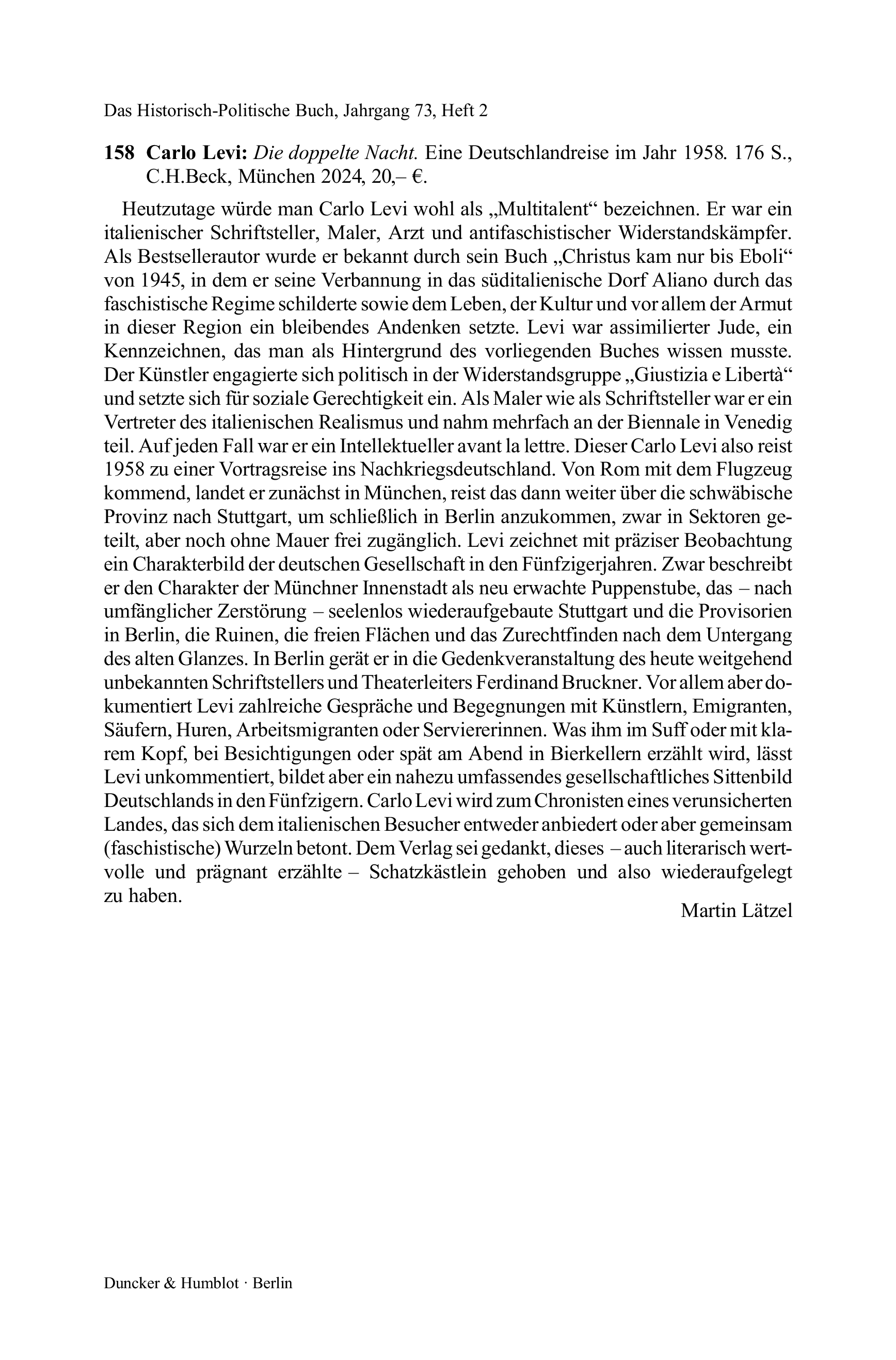 Carlo Levi: Die doppelte Nacht. Eine Deutschlandreise im Jahr 1958.