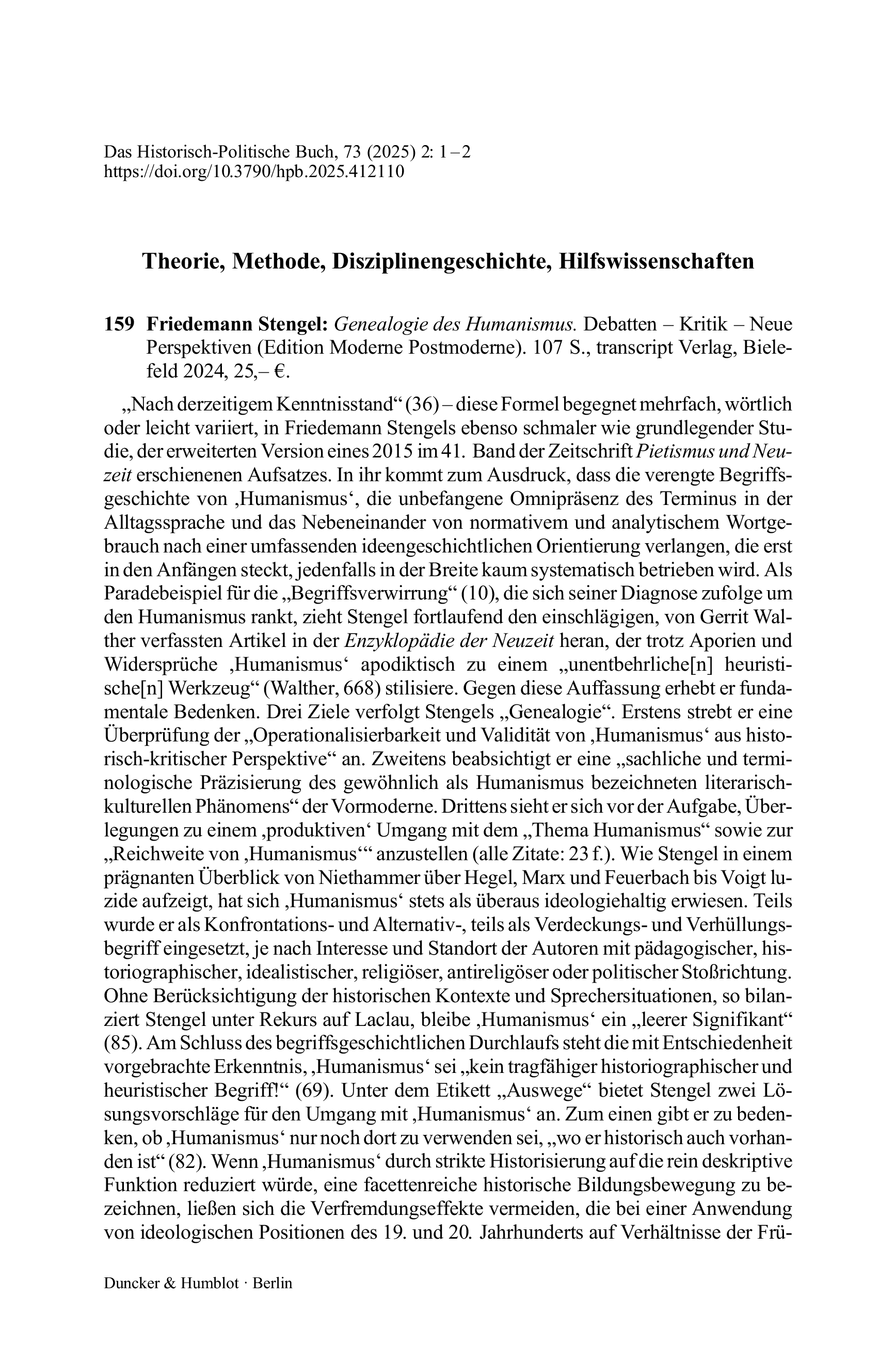 Friedemann Stengel: Genealogie des Humanismus. Debatten – Kritik – Neue Perspektiven (Edition Moderne Postmoderne).