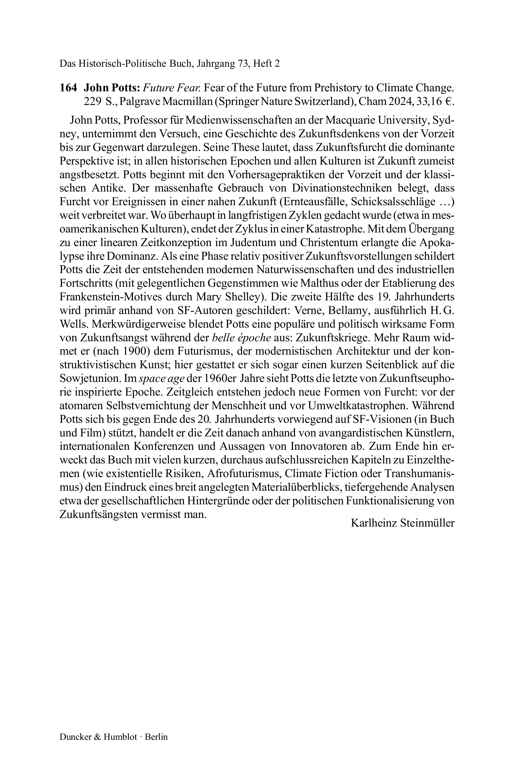 John Potts: Future Fear. Fear of the Future from Prehistory to Climate Change.