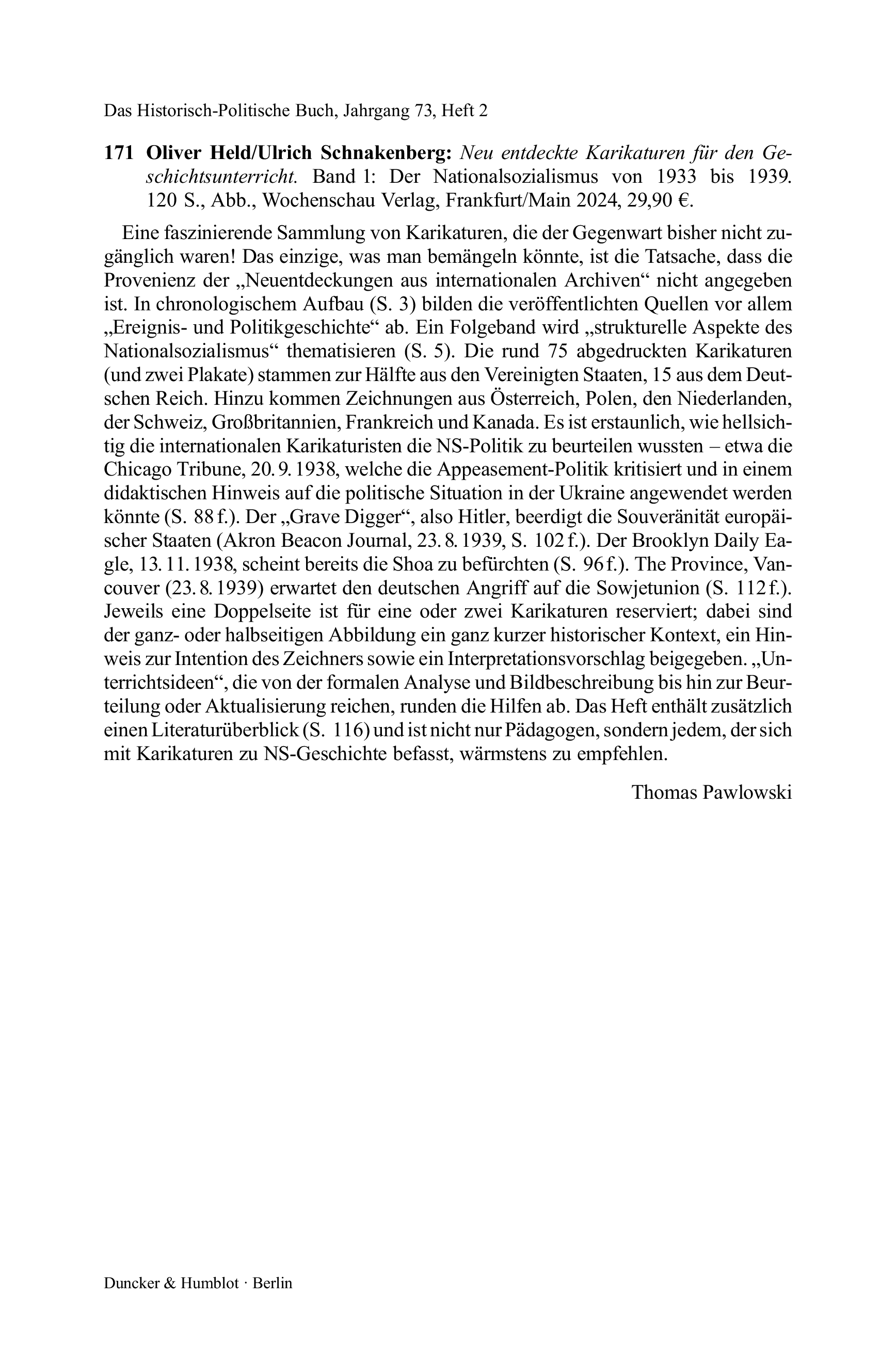 Oliver Held/Ulrich Schnakenberg: Neu entdeckte Karikaturen für den Geschichtsunterricht. Band 1: Der Nationalsozialismus von 1933 bis 1939.