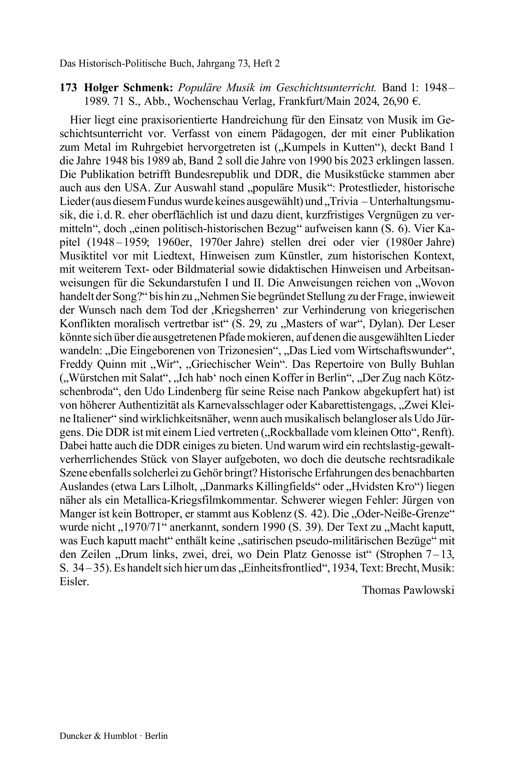 Holger Schmenk: Populäre Musik im Geschichtsunterricht. Band 1: 1948 – 1989.