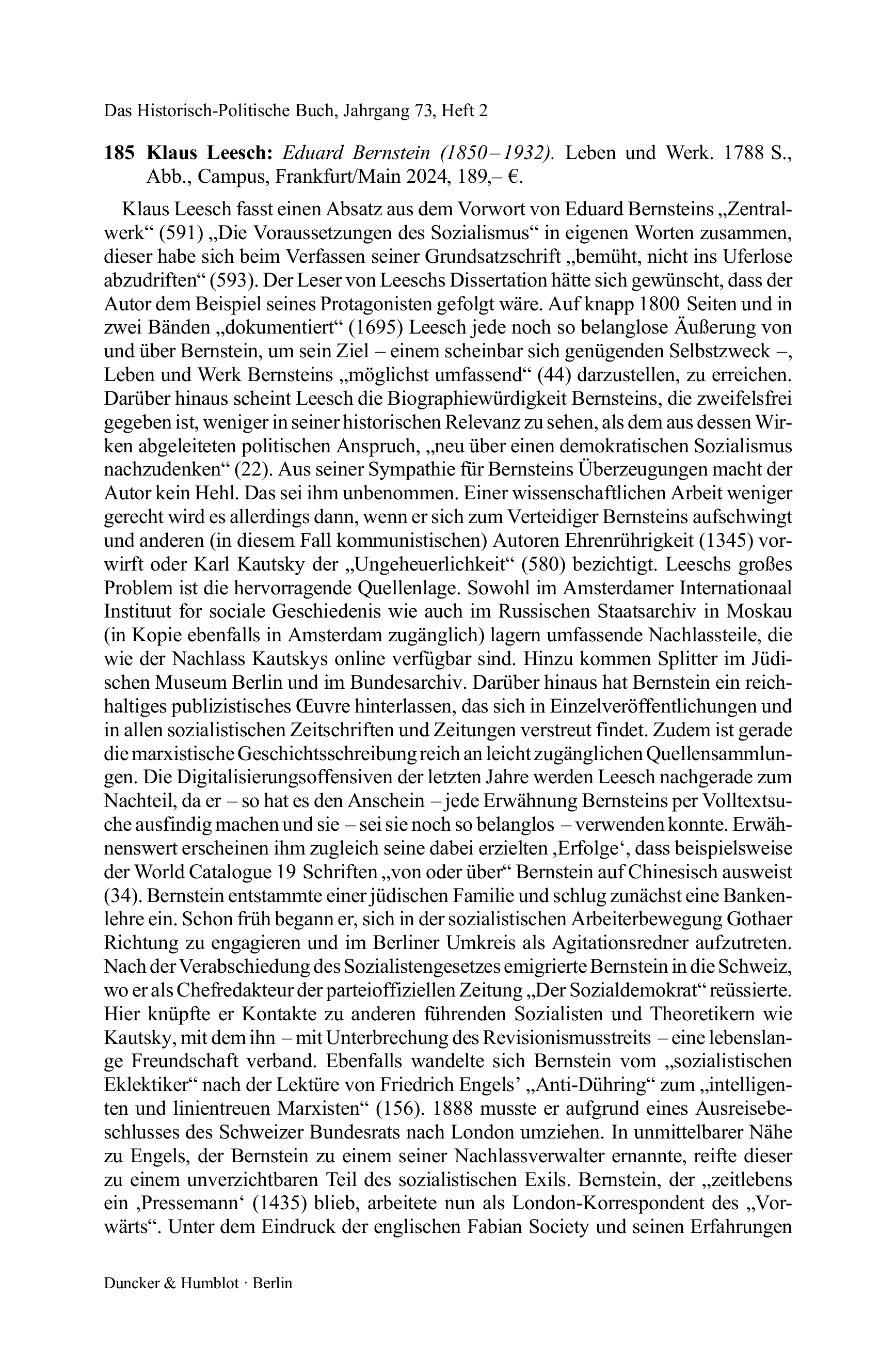Klaus Leesch: Eduard Bernstein (1850 – 1932). Leben und Werk.