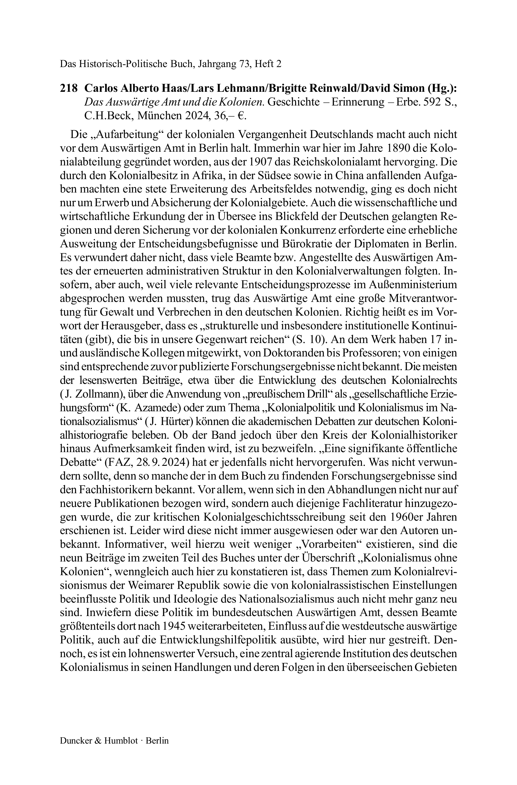 Carlos Alberto Haas/Lars Lehmann/Brigitte Reinwald/David Simon (Hg.): Das Auswärtige Amt und die Kolonien. Geschichte – Erinnerung – Erbe.
