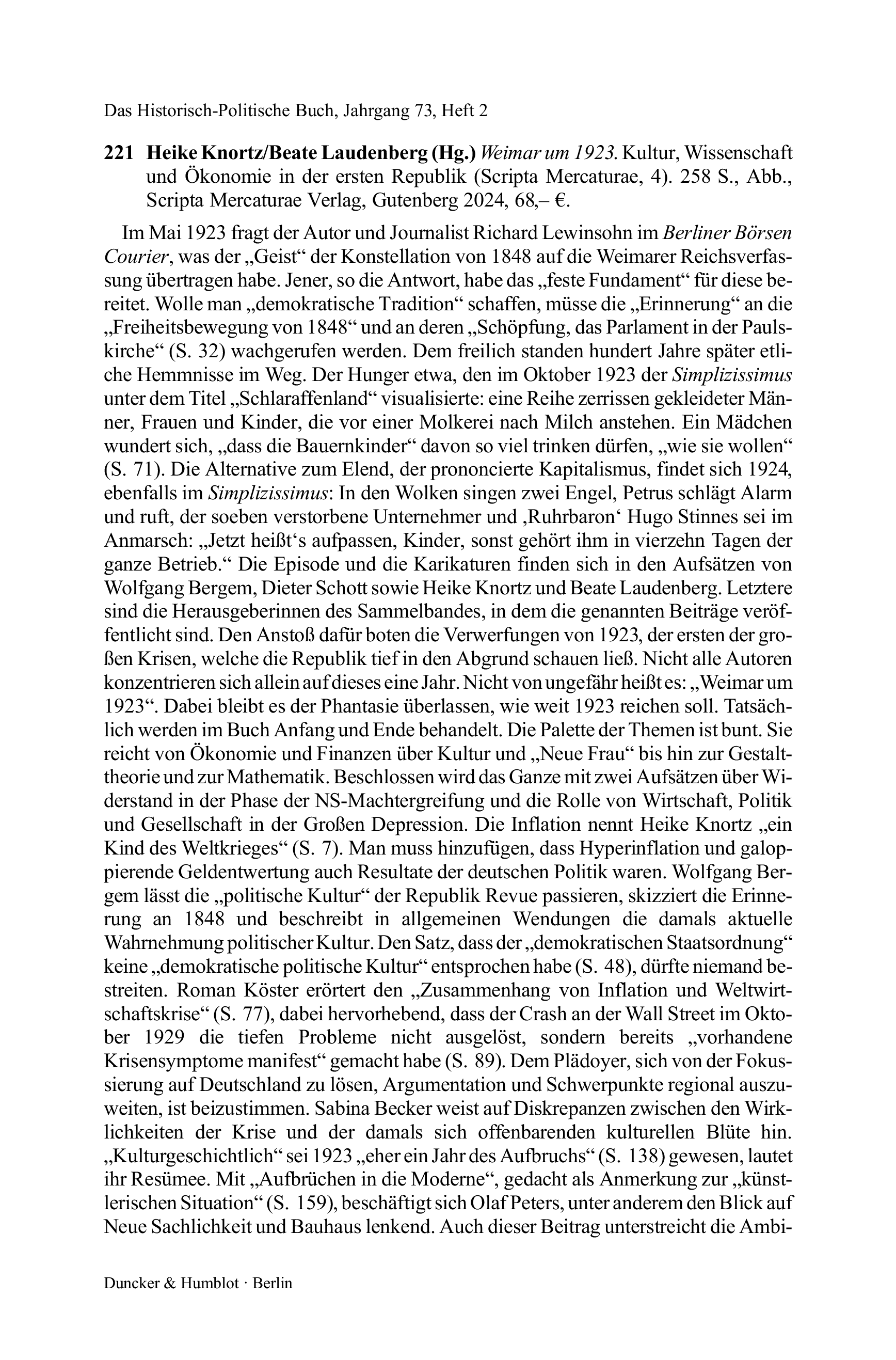Heike Knortz/Beate Laudenberg (Hg.) Weimar um 1923. Kultur, Wissenschaft und Ökonomie in der ersten Republik (Scripta Mercaturae, 4).