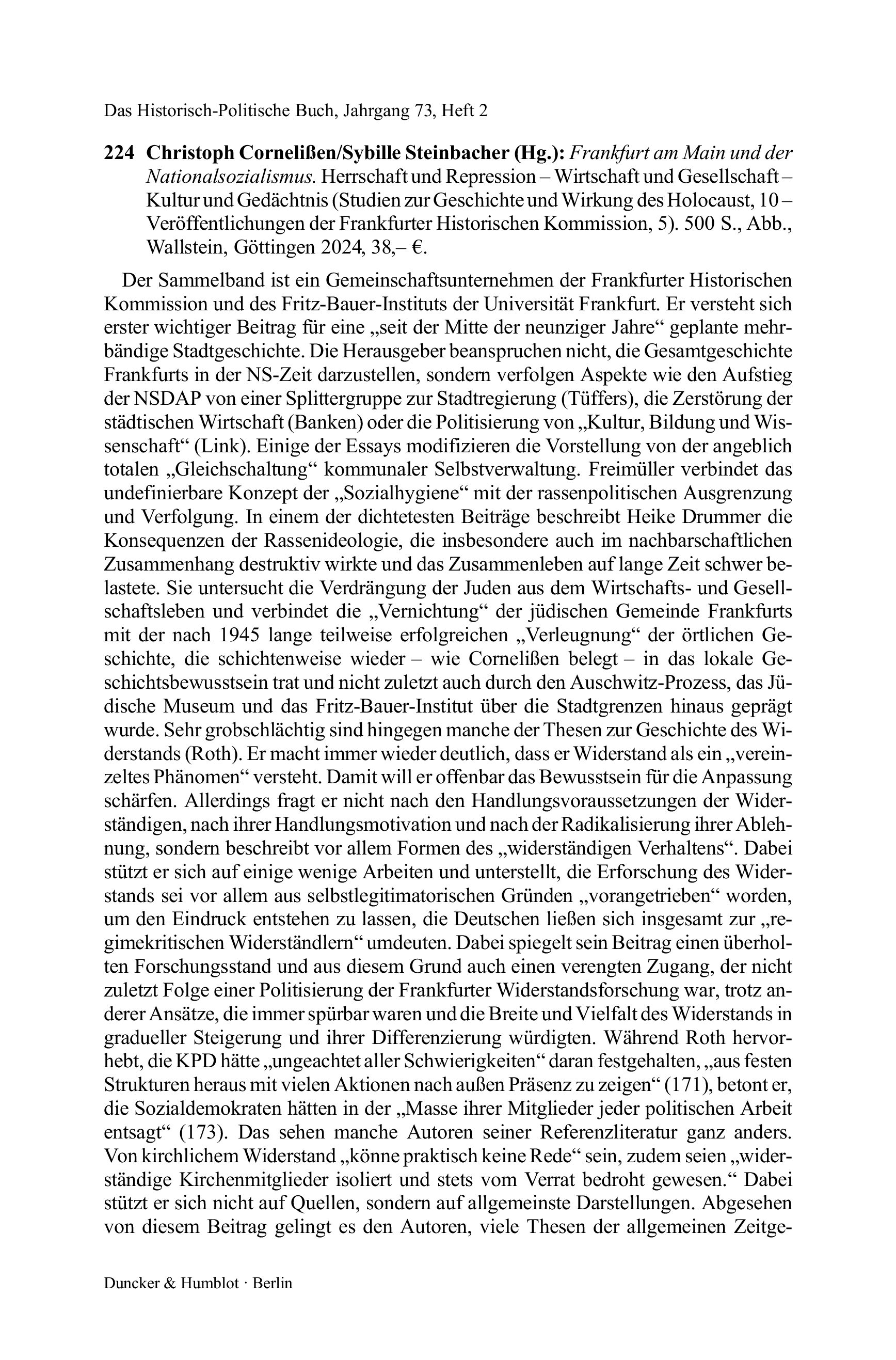 Christoph Cornelißen/Sybille Steinbacher (Hg.): Frankfurt am Main und der Nationalsozialismus. Herrschaft und Repression – Wirtschaft und Gesellschaft – Kultur und Gedächtnis (Studien zur Geschichte und Wirkung des Holocaust, 10 – Veröffentlichungen der F