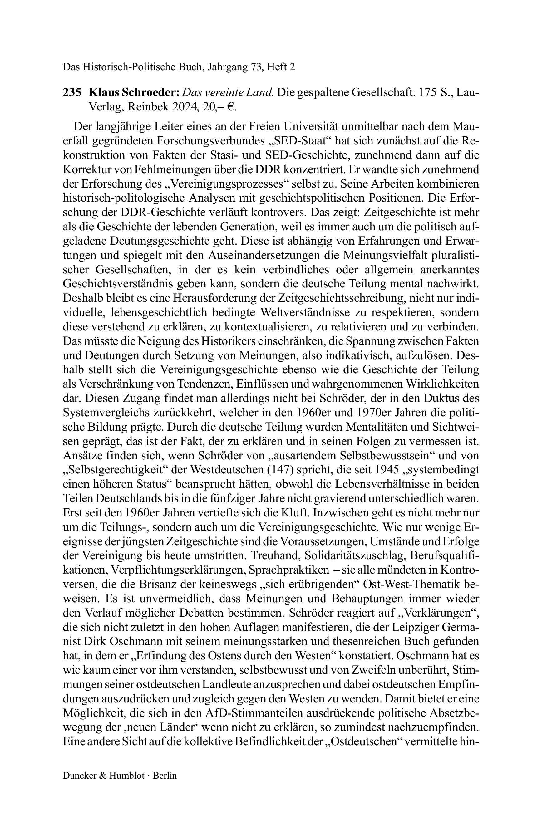 Klaus Schroeder: Das vereinte Land. Die gespaltene Gesellschaft.