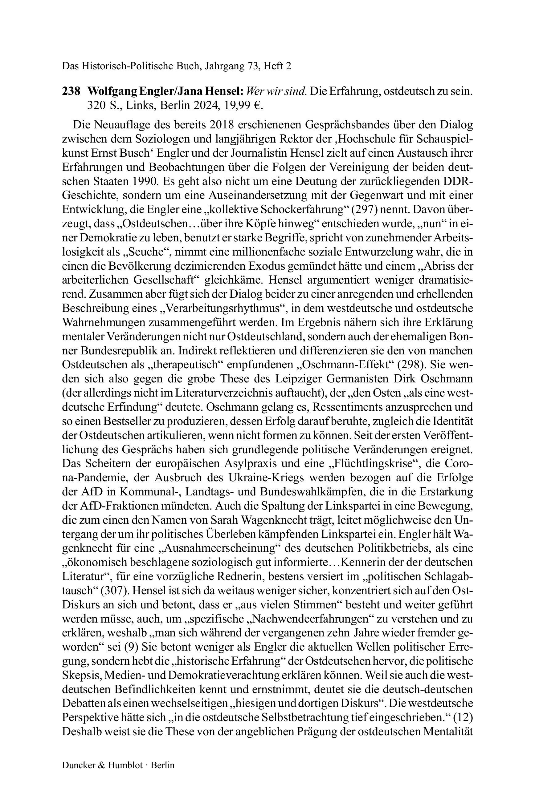 Wolfgang Engler/Jana Hensel: Wer wir sind. Die Erfahrung, ostdeutsch zu sein.