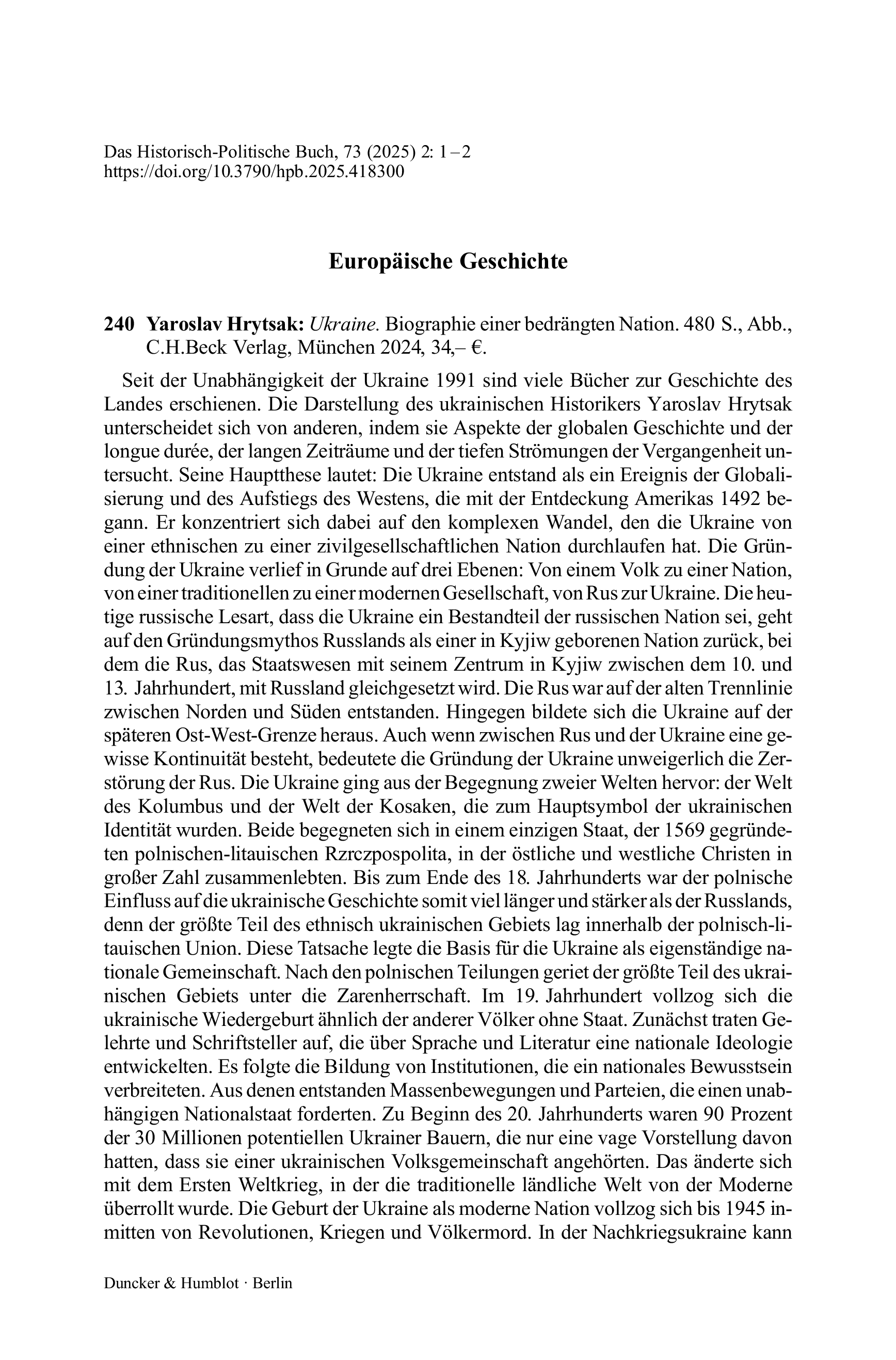 Yaroslav Hrytsak: Ukraine. Biographie einer bedrängten Nation.