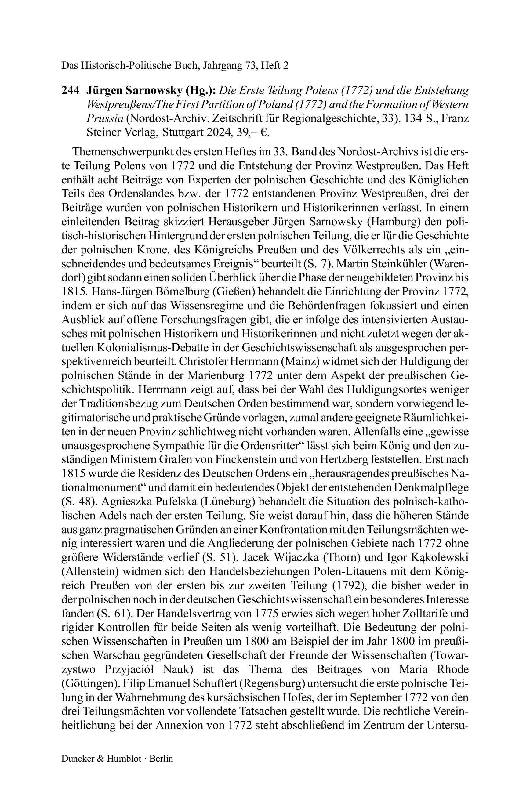 Jürgen Sarnowsky (Hg.): Die Erste Teilung Polens (1772) und die Entstehung Westpreußens/The First Partition of Poland (1772) and the Formation of Western Prussia (Nordost-Archiv. Zeitschrift für Regionalgeschichte, 33).
