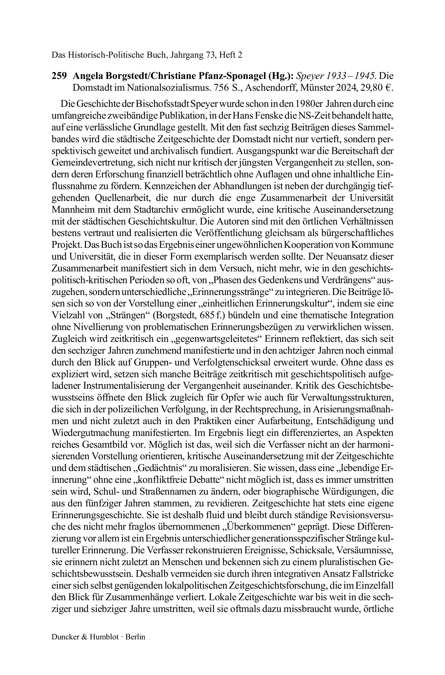 Angela Borgstedt/Christiane Pfanz-Sponagel (Hg.): Speyer 1933 – 1945. Die Domstadt im Nationalsozialismus.