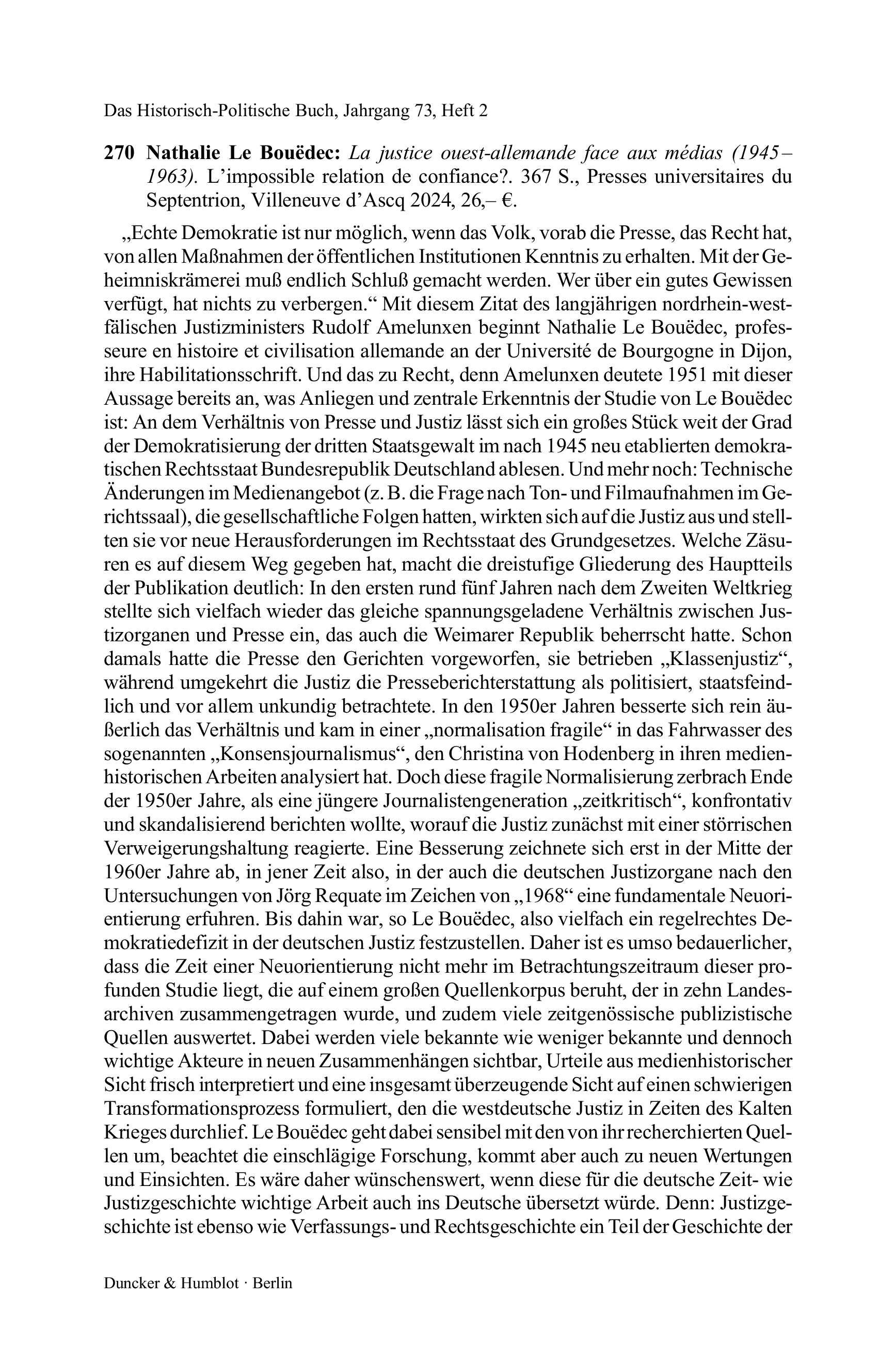Nathalie Le Bouëdec: La justice ouest-allemande face aux médias (1945 – 1963). L’impossible relation de confiance?.