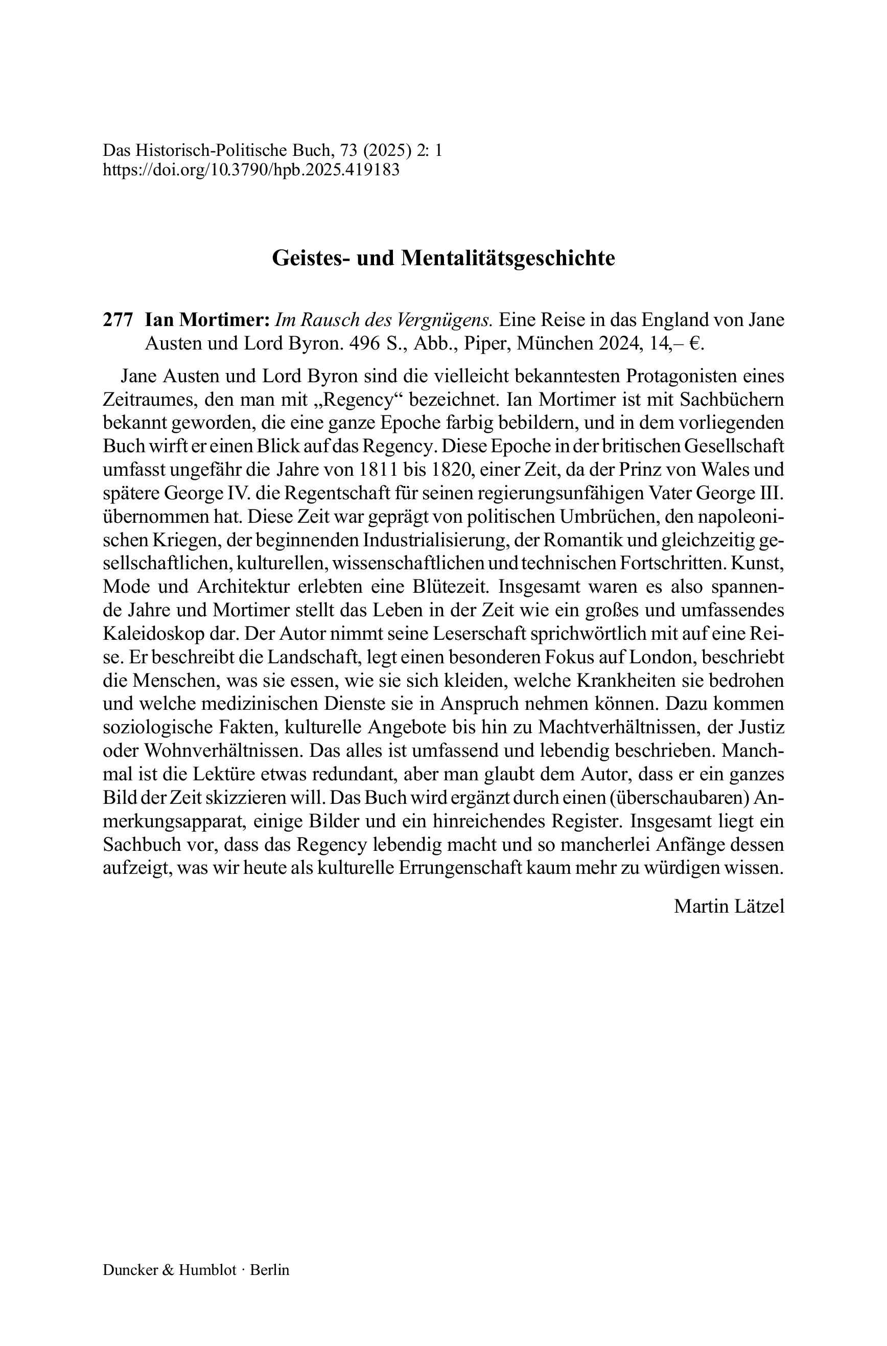 Ian Mortimer: Im Rausch des Vergnügens. Eine Reise in das England von Jane Austen und Lord Byron.