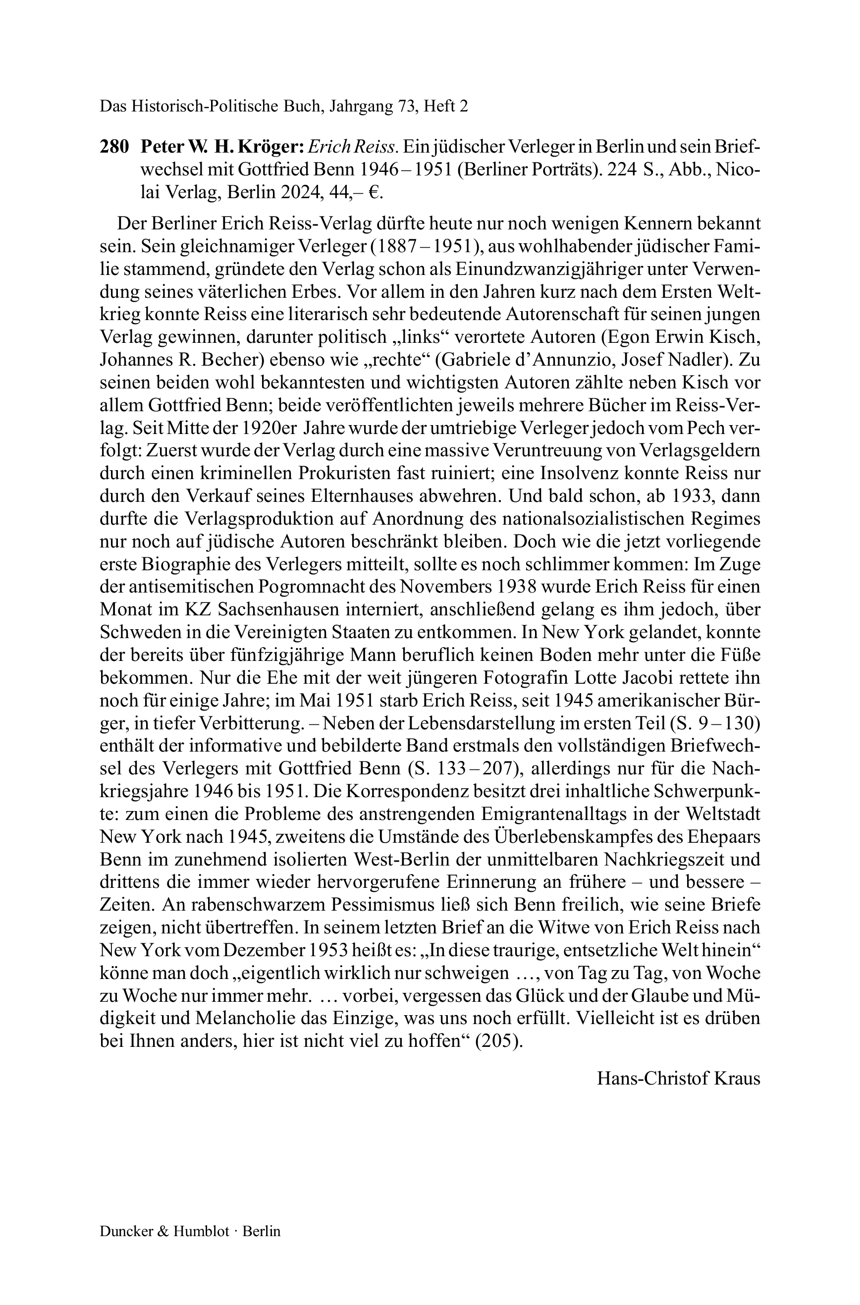 Peter W. H. Kröger: Erich Reiss. Ein jüdischer Verleger in Berlin und sein Briefwechsel mit Gottfried Benn 1946 – 1951 (Berliner Porträts).