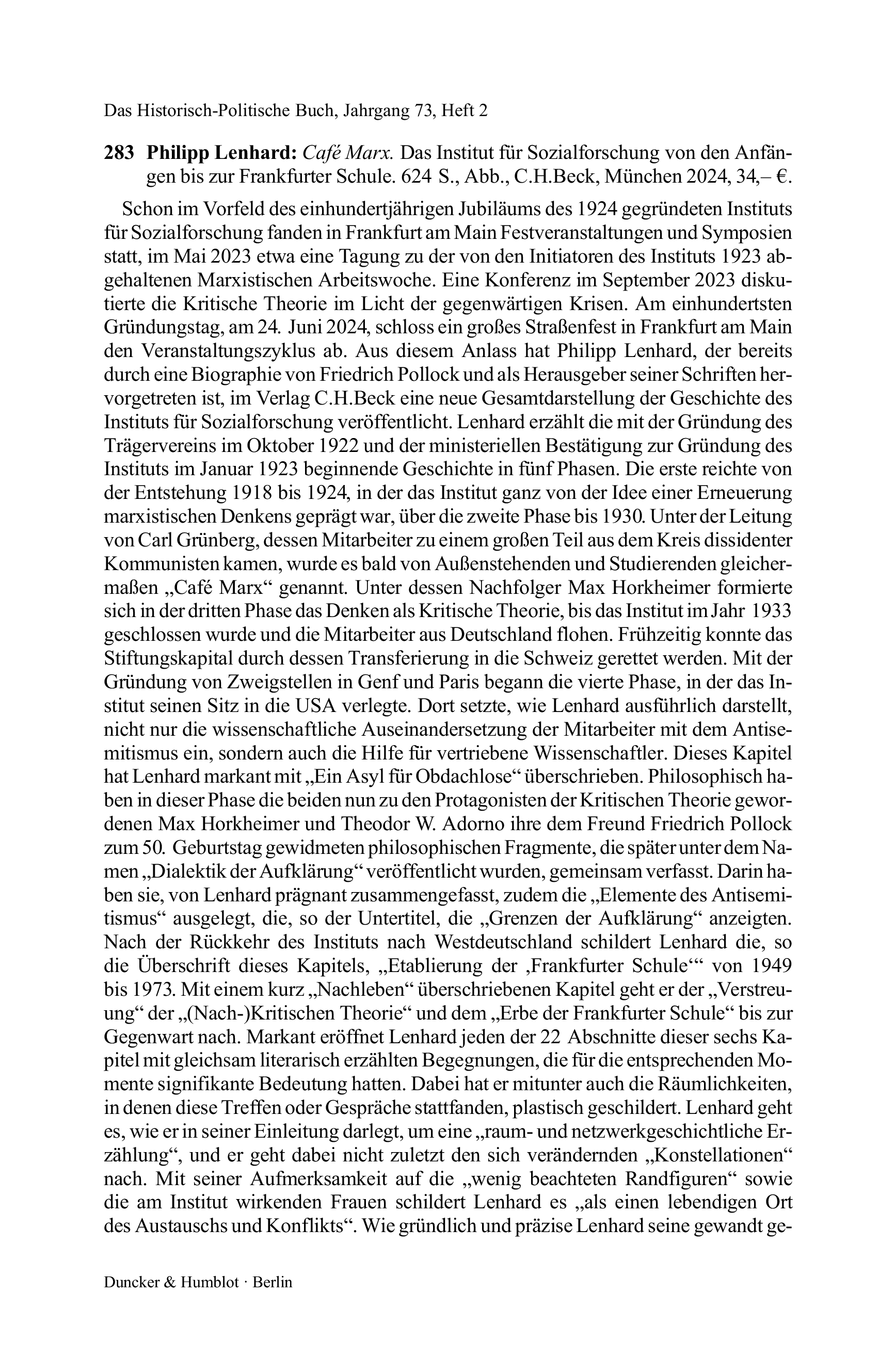 Philipp Lenhard: Café Marx. Das Institut für Sozialforschung von den Anfängen bis zur Frankfurter Schule.