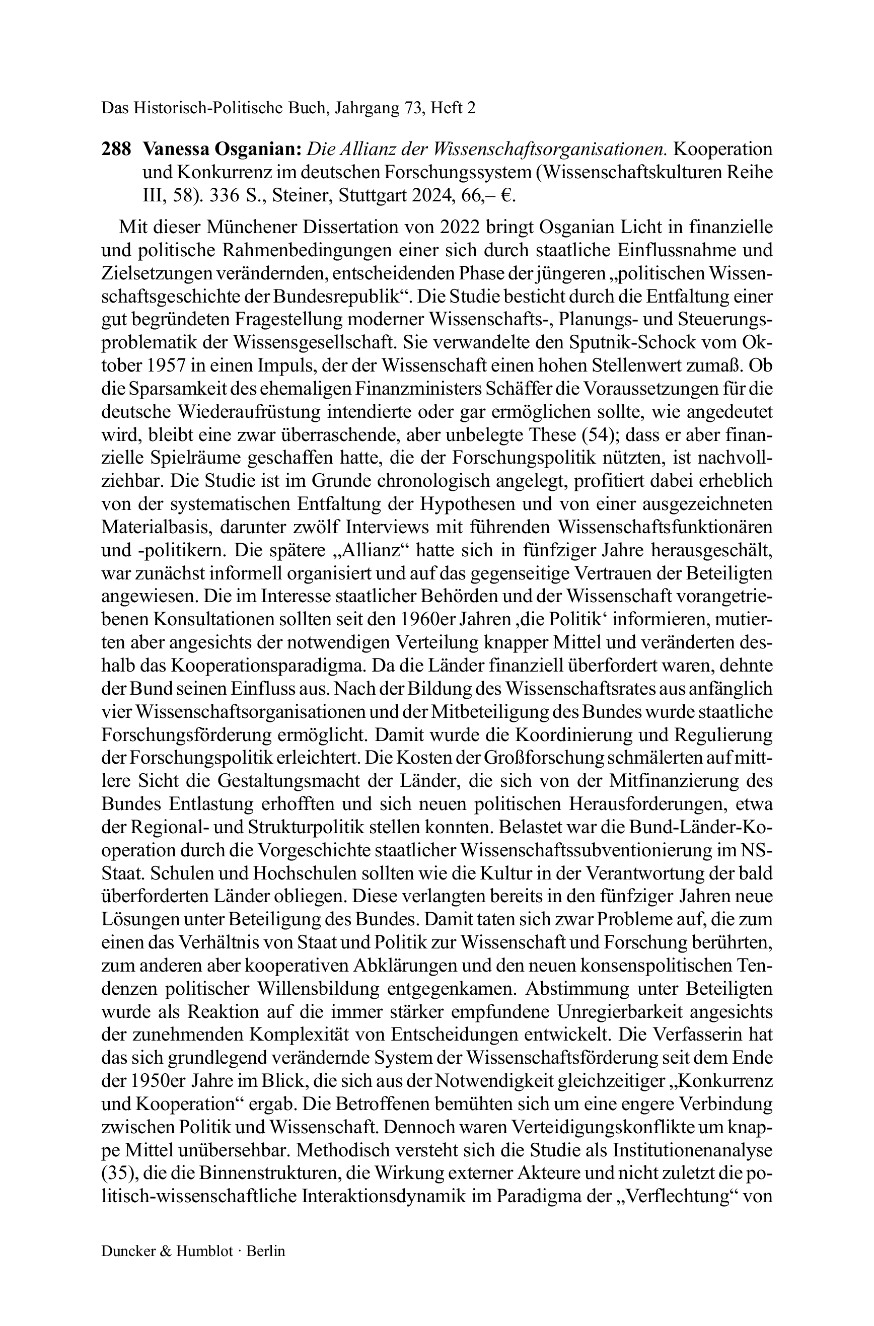 Vanessa Osganian: Die Allianz der Wissenschaftsorganisationen. Kooperation und Konkurrenz im deutschen Forschungssystem (Wissenschaftskulturen Reihe III, 58).