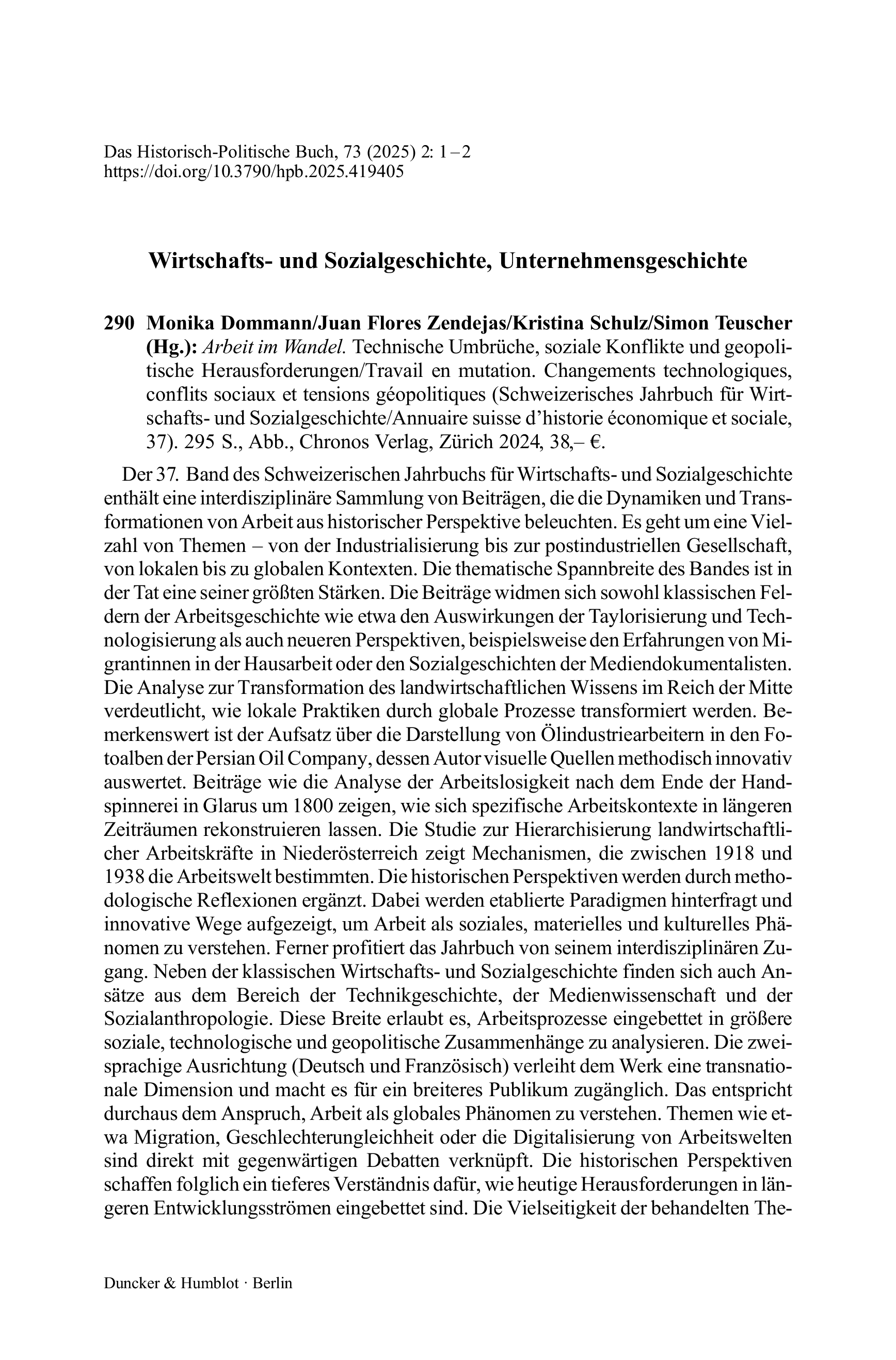 Monika Dommann/Juan Flores Zendejas/Kristina Schulz/Simon Teuscher (Hg.): Arbeit im Wandel. Technische Umbrüche, soziale Konflikte und geopolitische Herausforderungen/Travail en mutation. Changements technologiques, conflits sociaux et tensions géopolitiq