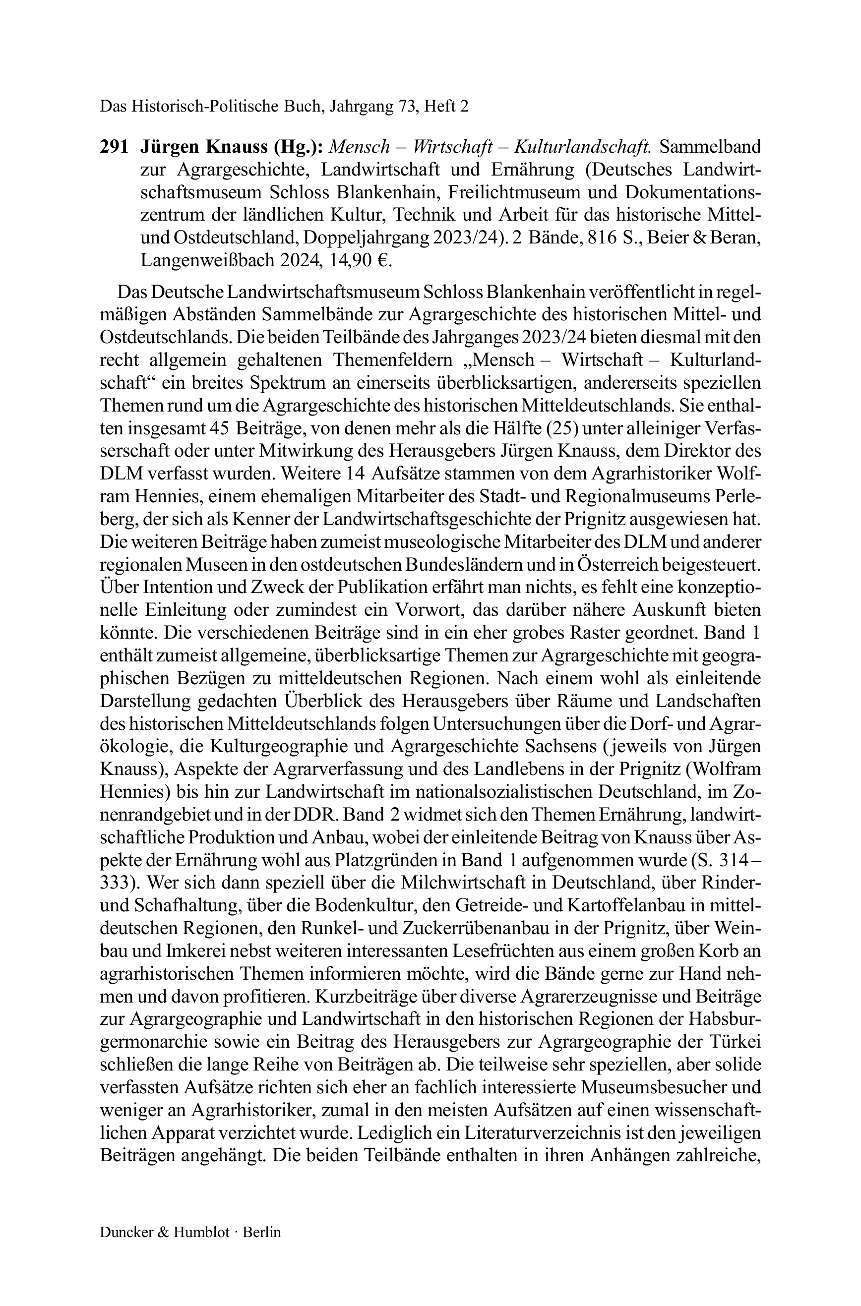 Jürgen Knauss (Hg.): Mensch – Wirtschaft – Kulturlandschaft. Sammelband zur Agrargeschichte, Landwirtschaft und Ernährung (Deutsches Landwirtschaftsmuseum Schloss Blankenhain, Freilichtmuseum und Dokumentationszentrum der ländlichen Kultur, Technik und Ar