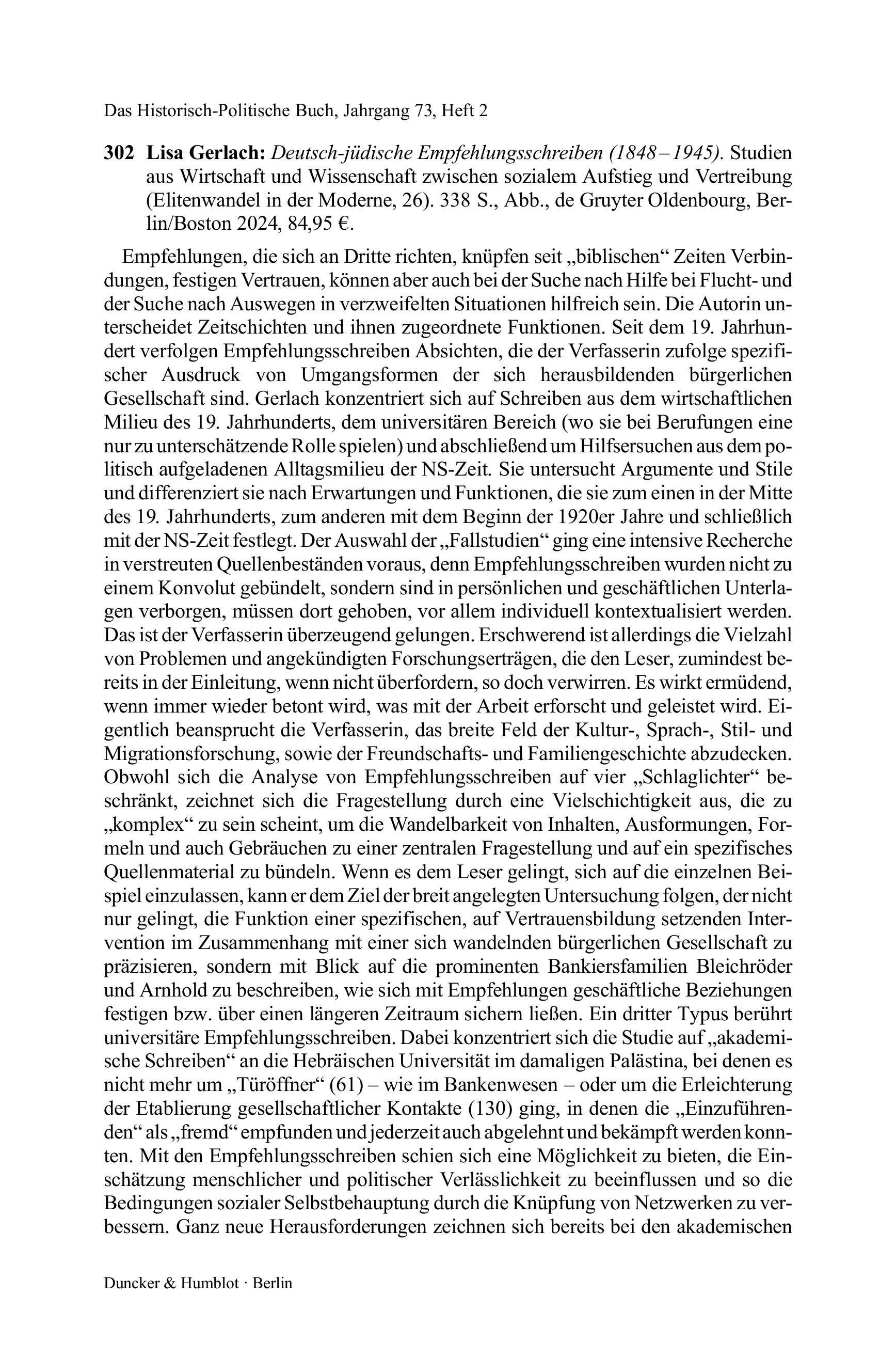 Lisa Gerlach: Deutsch-jüdische Empfehlungsschreiben (1848 – 1945). Studien aus Wirtschaft und Wissenschaft zwischen sozialem Aufstieg und Vertreibung (Elitenwandel in der Moderne, 26).