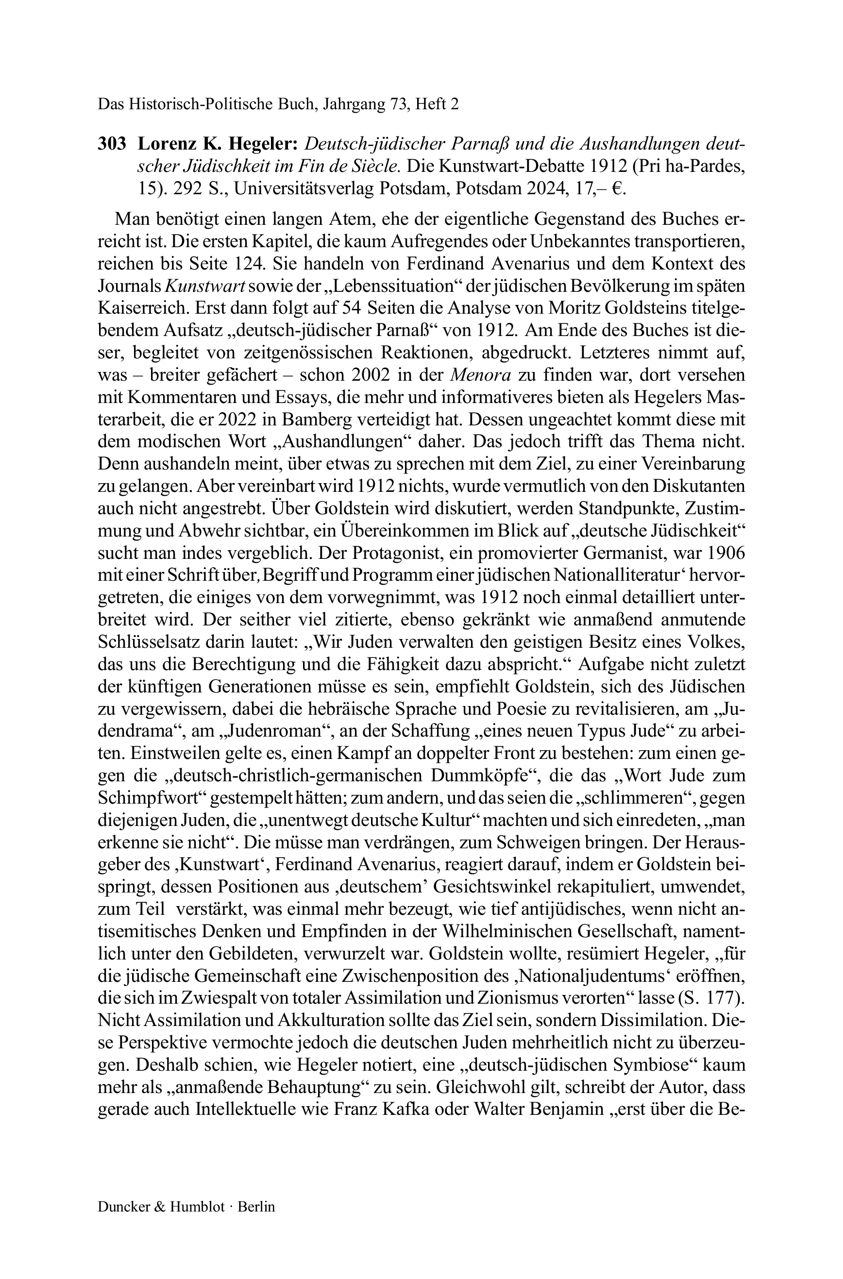 Lorenz K. Hegeler: Deutsch-jüdischer Parnaß und die Aushandlungen deutscher Jüdischkeit im Fin de Siècle. Die Kunstwart-Debatte 1912 (Pri ha-Pardes, 15).