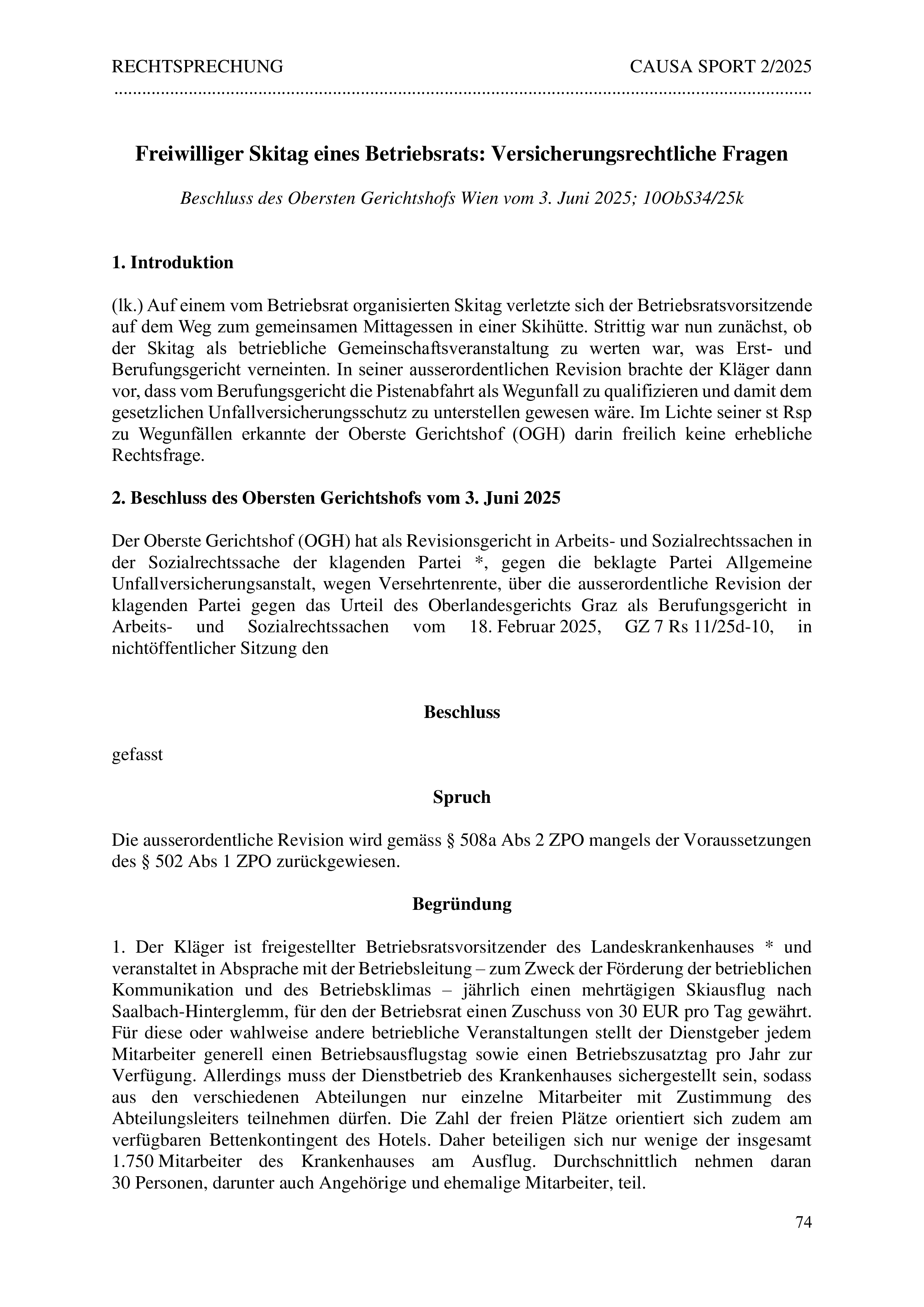 Freiwilliger Skitag eines Betriebsrats: Versicherungsrechtliche Fragen