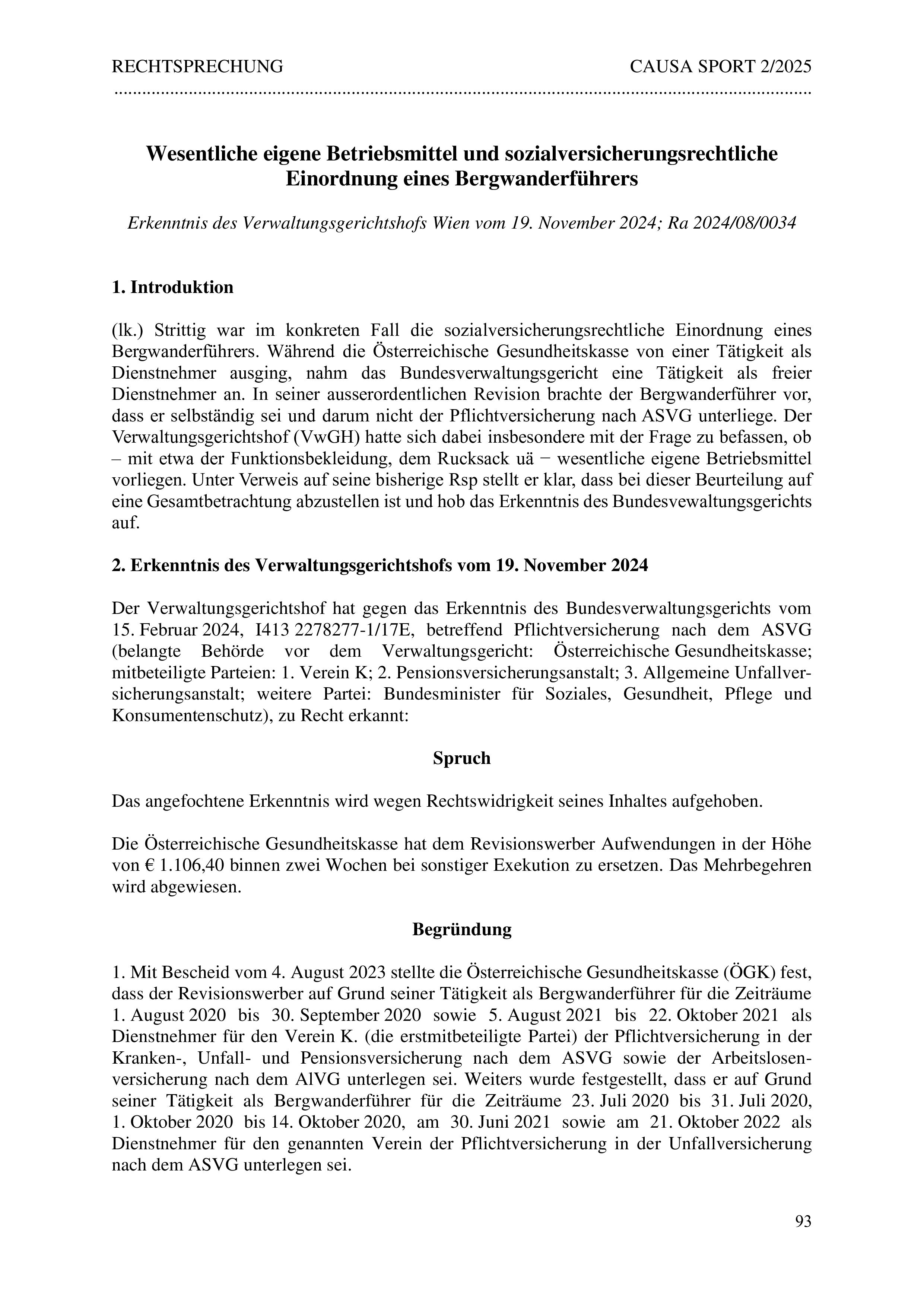 Wesentliche eigene Betriebsmittel und sozialversicherungsrechtliche Einordnung eines Bergwanderführers