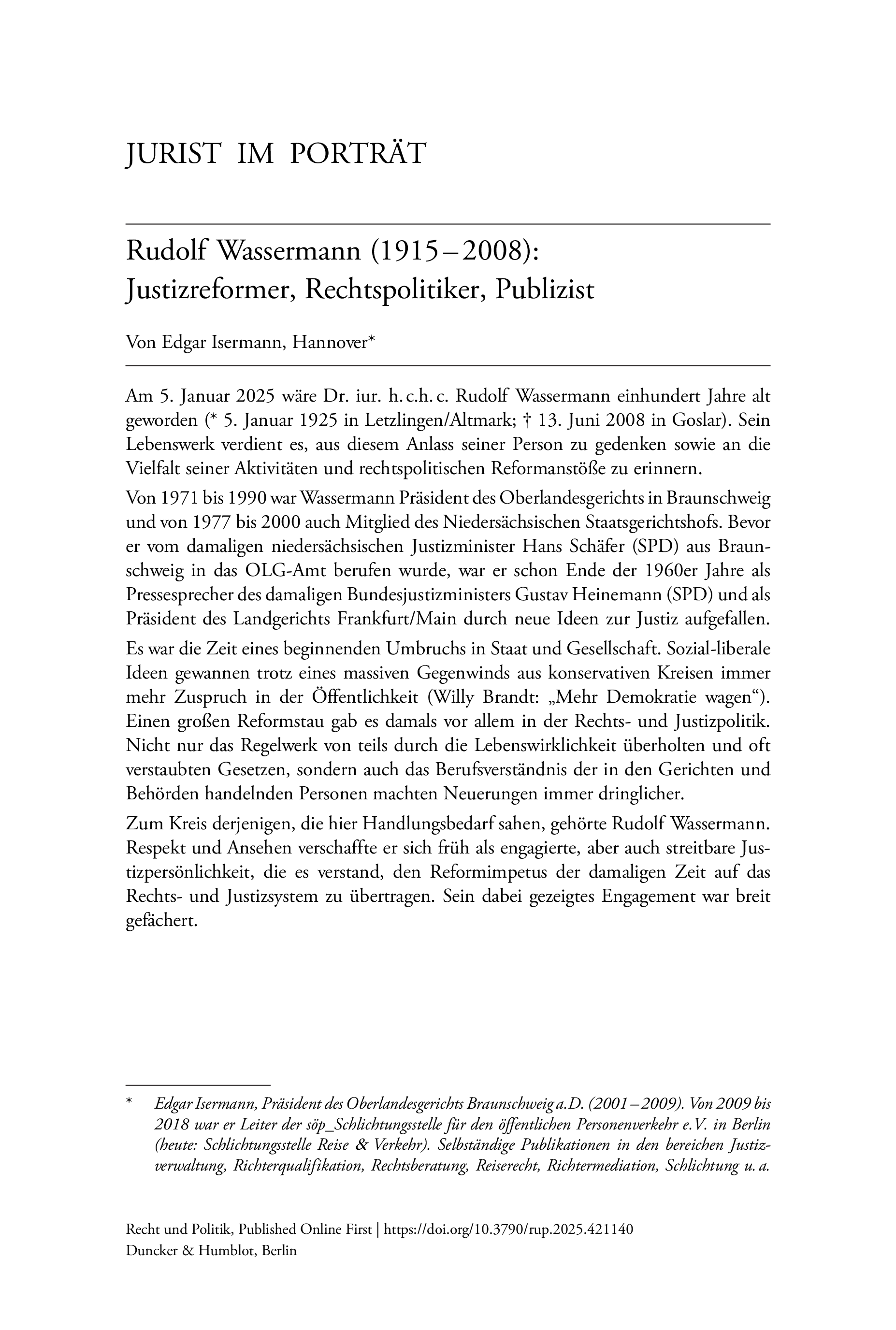 Rudolf Wassermann (1915 – 2008): Justizreformer, Rechtspolitiker, Publizist
