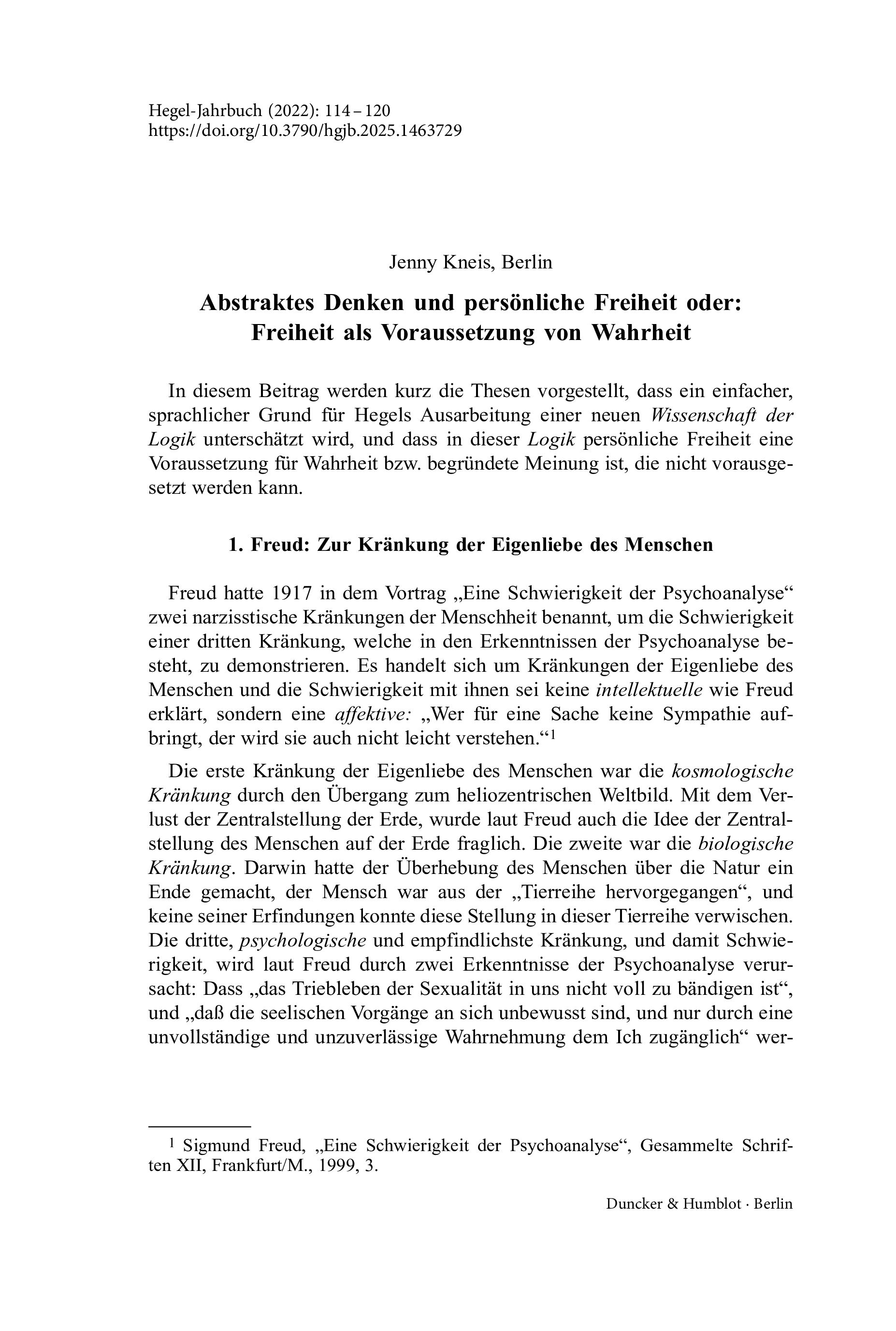 Abstraktes Denken und persönliche Freiheit oder: Freiheit als Voraussetzung von Wahrheit