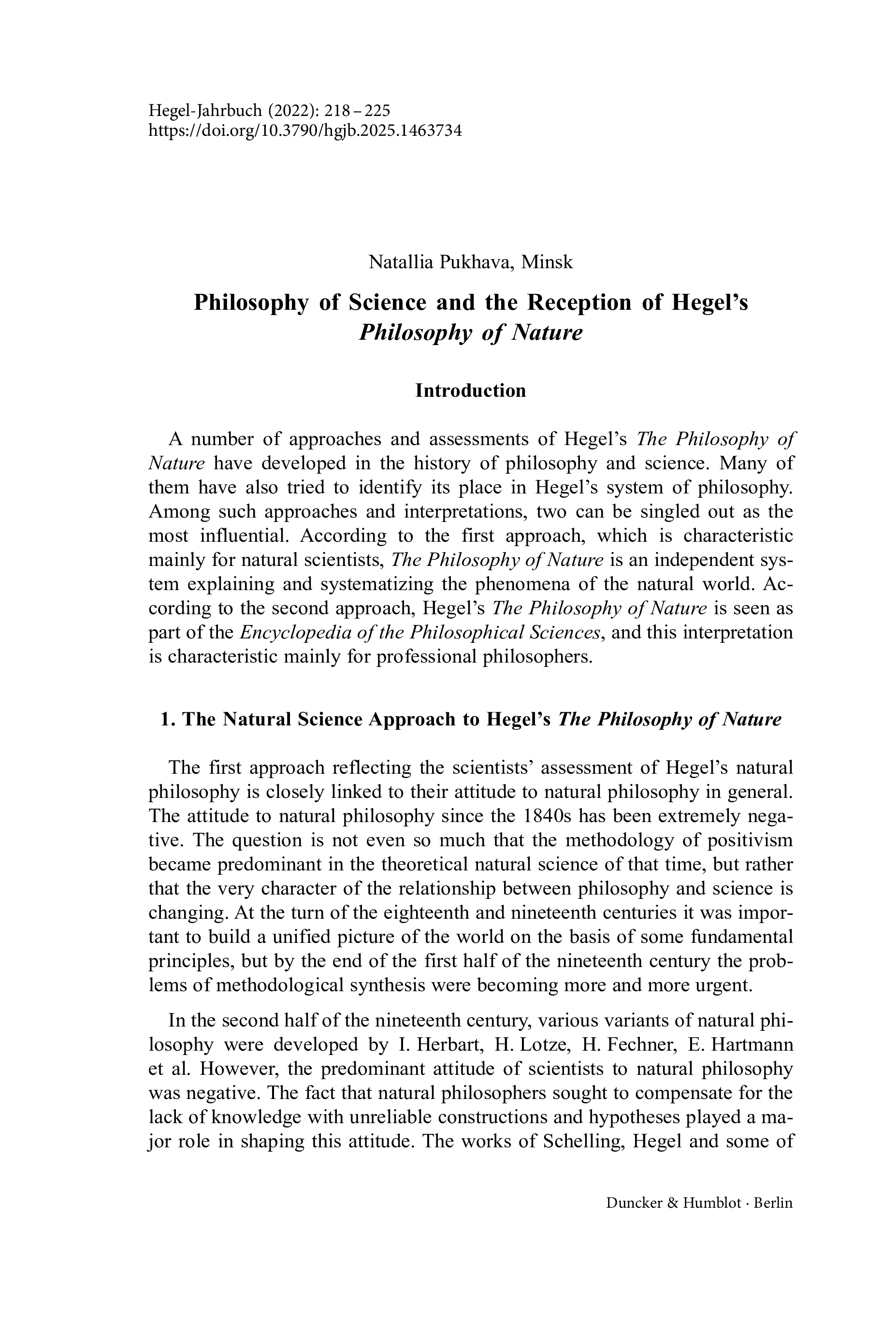 Philosophy of Science and the Reception of Hegel’s Philosophy of Nature