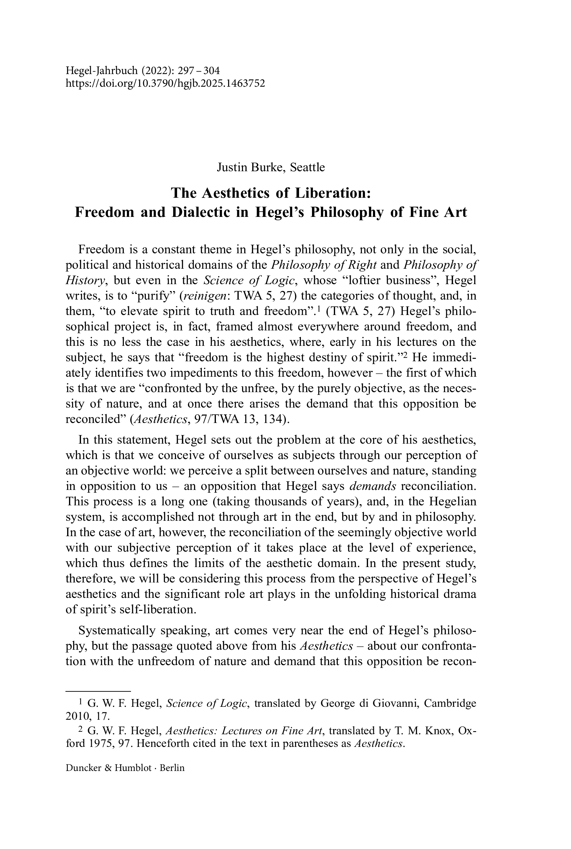 The Aesthetics of Liberation: Freedom and Dialectic in Hegel’s Philosophy of Fine Art