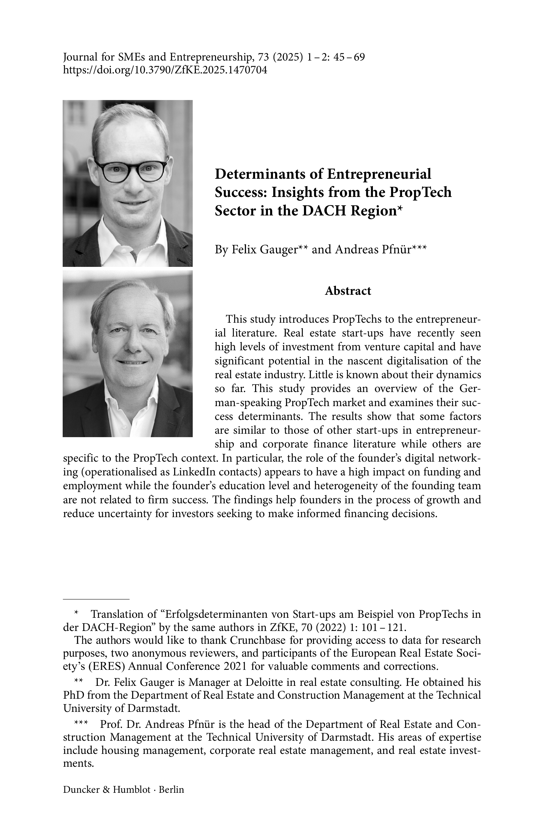 Determinants of Entrepreneurial ­Success: Insights from the PropTech Sector in the DACH Region