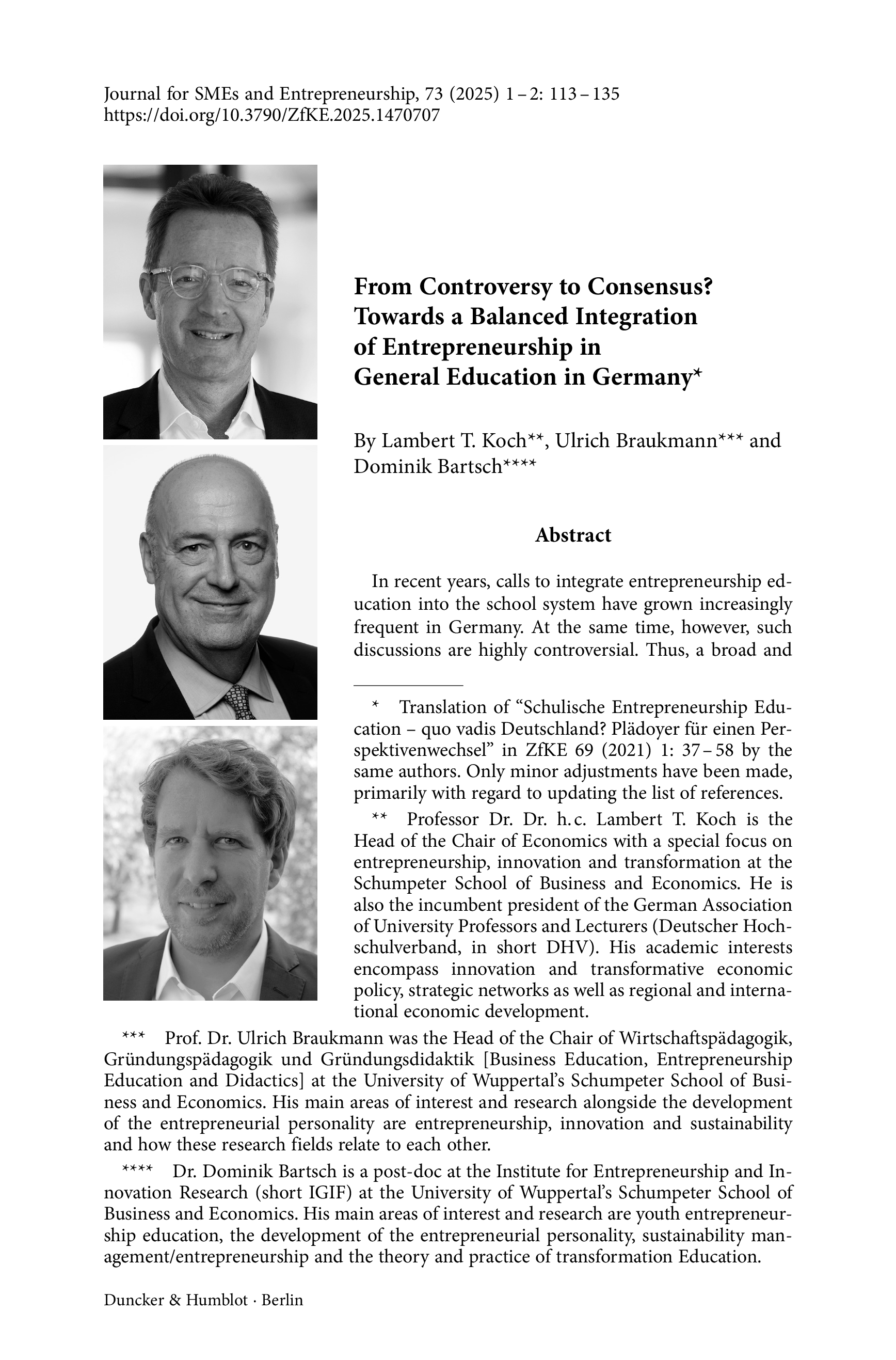 From Controversy to Consensus? Towards a Balanced Integration of Entrepreneurship in General Education in Germany