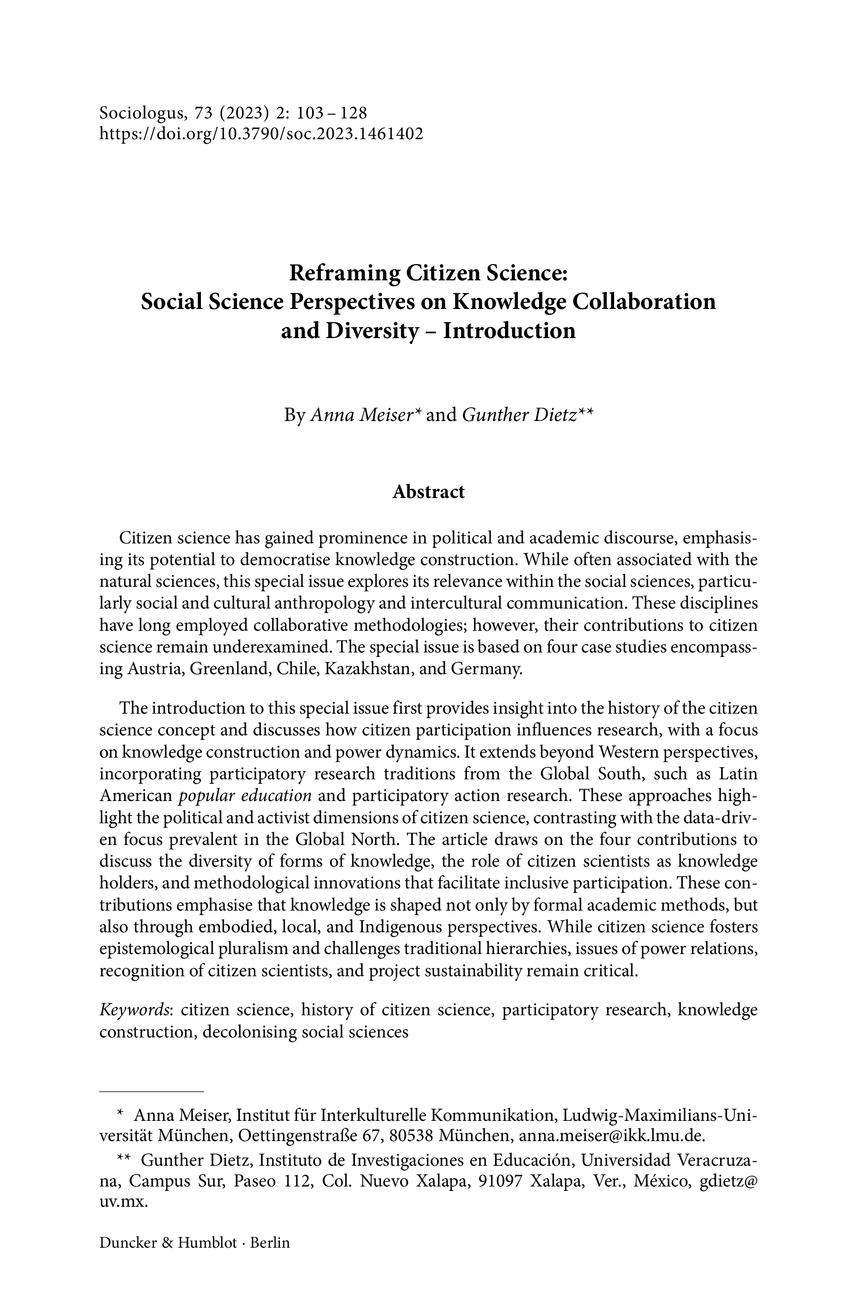 Reframing Citizen Science: Social Science Perspectives on Knowledge Collaboration and Diversity – Introduction