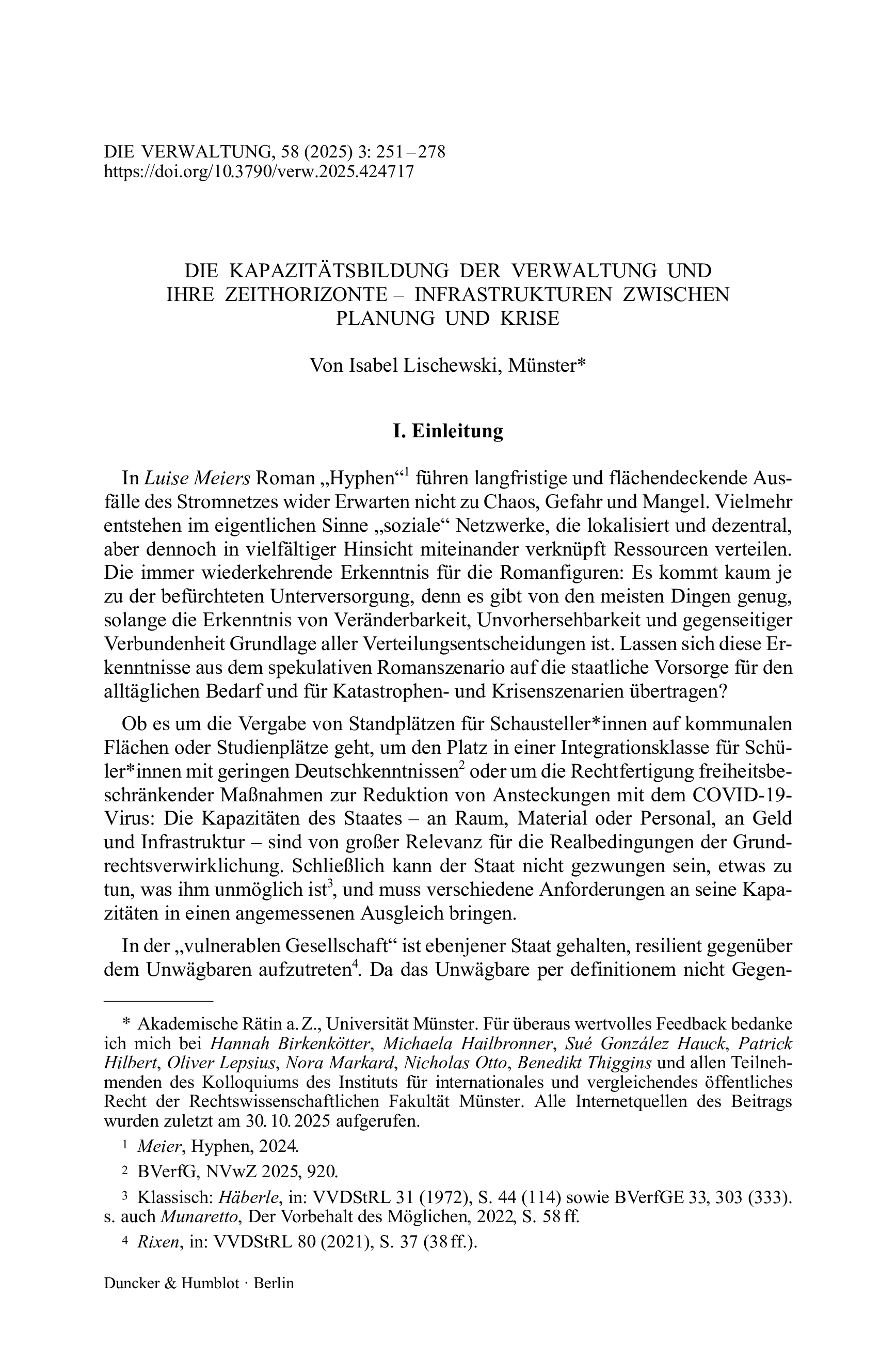 Die Kapazitätsbildung der Verwaltung und ihre Zeithorizonte – Infrastrukturen zwischen Planung und Krise